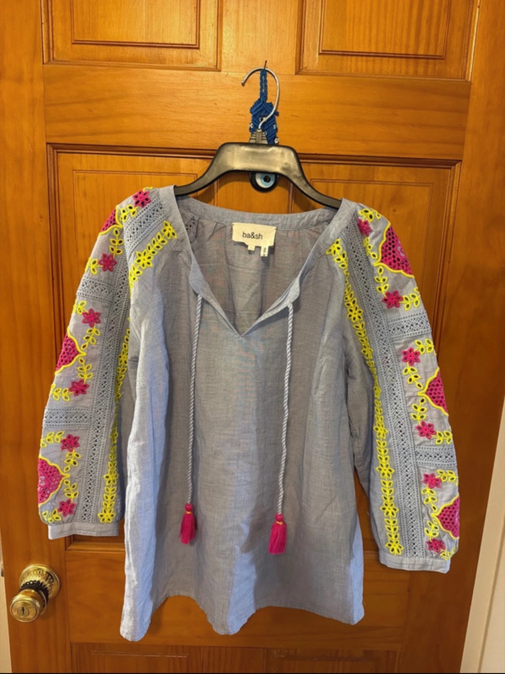 ba&sh Light Blue Tunic with Pink & Yellow Embroidered Sleeves